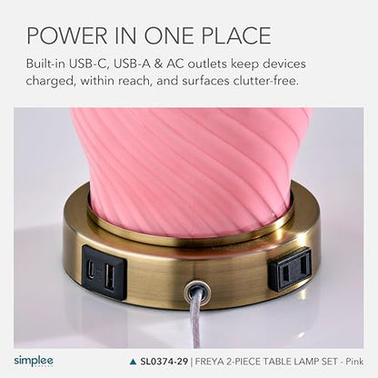 Adesso Set of 2 Dual-Light Table Lamps, USB Ports, AC Outlet, 24” - color: Pink