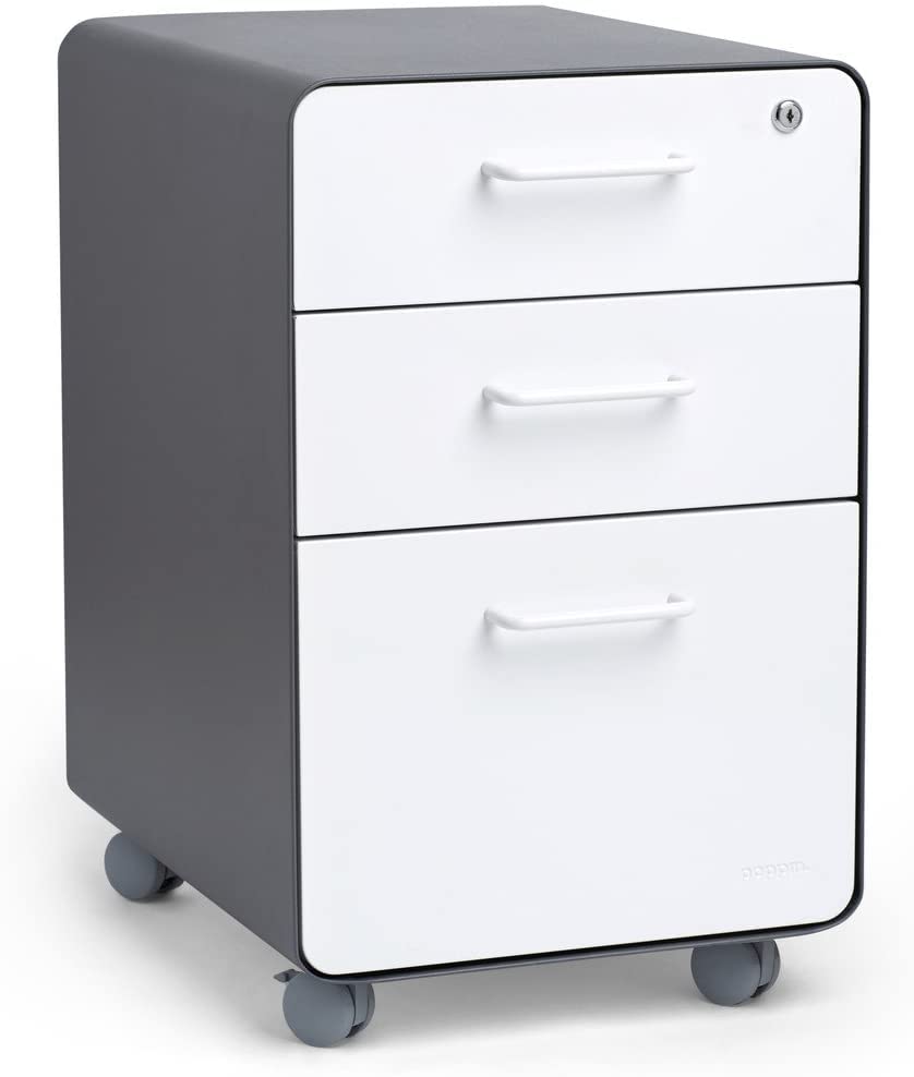 Poppin Stow 3-Drawer Rolling File Cabinet - Charcoal & White. Utility and Hanging File Drawers. Locking and Non-Locking Wheels. Powder-Coated Steel. Two Keys Included - color: Charcoal + White