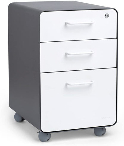 Poppin Stow 3-Drawer Rolling File Cabinet - Charcoal & White. Utility and Hanging File Drawers. Locking and Non-Locking Wheels. Powder-Coated Steel. Two Keys Included - color: Charcoal + White