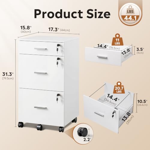 DEVAISE 3 Drawer File Cabinet with Lock & Wheels, White | Wood printer stand, Mobile filing cabinets for home office, Fits Letter/A4 Size - color: White