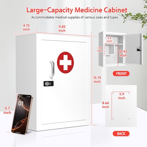 Locking Medicine Cabinet Wall-Mount: Storage Cabinet with Combination Lock & Key - White Metal First Aid Kits for Family Safety and Childproofing