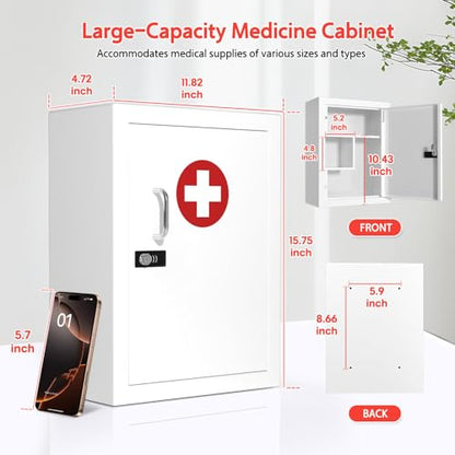 Locking Medicine Cabinet Wall-Mount: Storage Cabinet with Combination Lock & Key - White Metal First Aid Kits for Family Safety and Childproofing