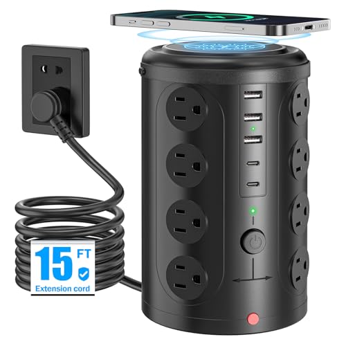 15FT Power Strip Tower Surge Protector with 15W Wireless Charger - size: 15FT with wireless charging