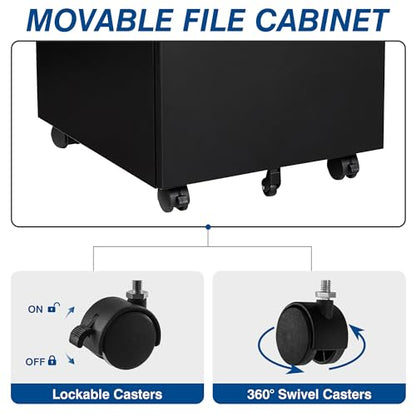 Fesbos 3 Drawer Mobile Metal File Cabinet, Black Filling Cabinets with Lock, Pre-Built Office Storage File Cabinet with Wheels Under Desk - Assembled Required - color: Black, size: 14.5"W-3 Drawers-Un-assembled