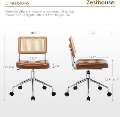 Zesthouse Leather Office Desk Chair with Wheels, Mid Century Rolling Desk Chair with Natural Rattan Back, Modern Swivel Home Office Chair, Small Height Adjustable Computer Task Chair, Brown - color: Brown, size: Armless