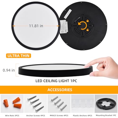 Hlite 12 Inch Flush Mount LED Ceiling Light,2400LM,3CCT,4 Pack | 24W 3000K/4000K/5000K Selectable,Low Profile Ceiling Light Fixtures for Kitchen Bedroom Hallway Laundry Room Closet,Black - color: Black, size: 12 inch-4