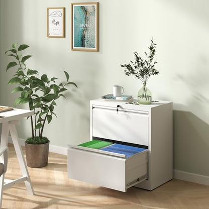 2 Drawer Lateral File Cabinet with Lock,White Metal Filing Cabinet - color: White, size: 26.8"W-2 drawers