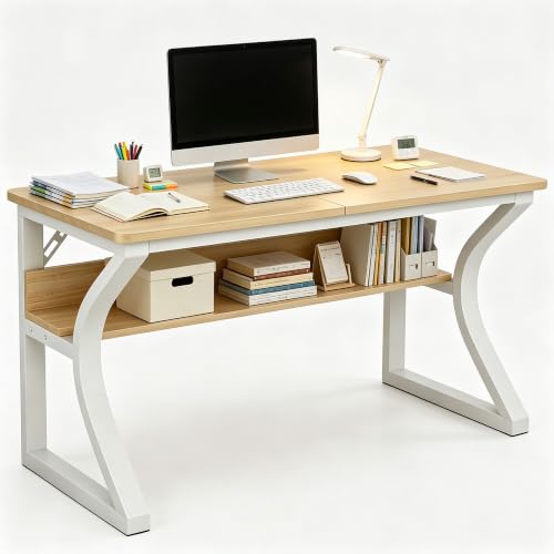 47'' Computer Desk Home Office Desk, Modern Computer Desk w/U Shaped Metal Frame, Storage Shelves, PC Table Study Writing Desk Workstation for Home Office (55inch/Light Walnut Color) - size: 55inch/Light walnut color