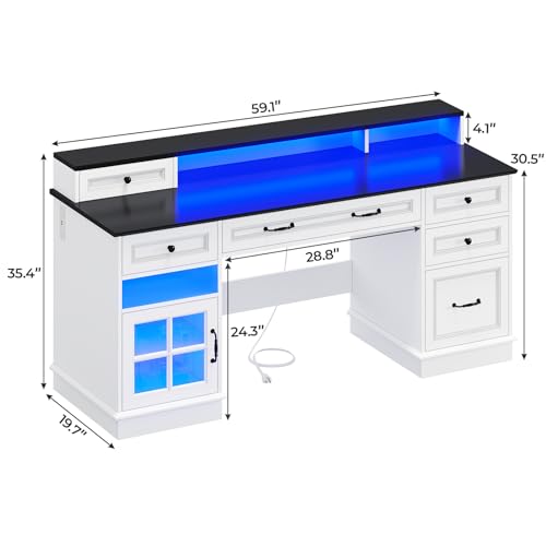 BTHFST 59.1" Executive Desk with File Drawer, Charging Station, White - color: White and Black