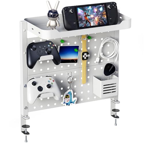 ARES WING Desk Clamp On Pegboard with 16 inches Organizer Shelf, White | Adjustable Above or Under Desk Storage Shelf Holds 44 lbs, Magnetic Metal Peg Board for Office and Gaming Accessories - color: White, size: Pegboard Shelf