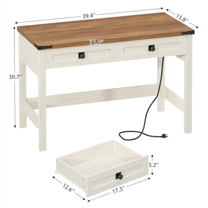 39 Inch Farmhouse Small Computer Desk with Drawers for Bedroom, Home Office - color: Antique White