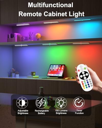 Under Cabinet Lights Wireless, 48-LED Under Cabinet Lighting Rechargeable, Closet Light with Timer & Dimmable, Under Counter Lights for Kitchen Shelf Pantry Desk (4 Packs) - color: RGB/4 Pack