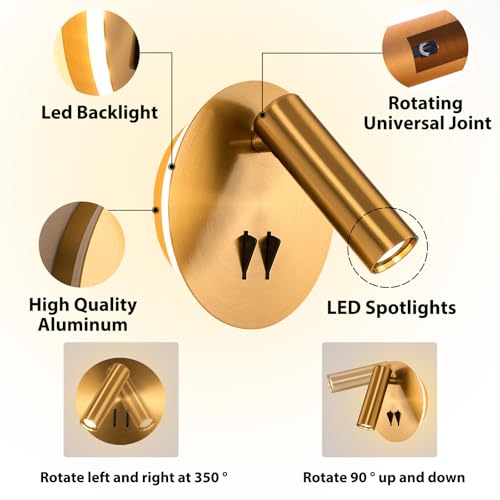 ZEROUNO Wall Mount Reading Light for Bedroom, Backlight Night Wall Lamp, Hardwired Sconce with Switch,LED Wall Lighting for Bedroom Bedside Lamps (Antique Bronze) - color: Gold