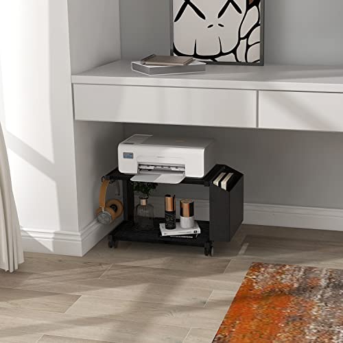 VEDECASA 2 Tier Black Printer Stand with Storage Bag for Home Office Desktop Printer Table Underdesk Organizer Mobile Printer Shelf with Caster Wheel (Black) - color: Black
