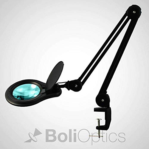 ESD Safe (Glass Lens) Professional LED Magnifying Lamp with Clamp (8 Diopter, 3X) Work Light, 4 Brightness Levels, Daylight Bright, 1200 Lumens, 5600K-6000K, Matte Black, BoliOptics MG16303322
