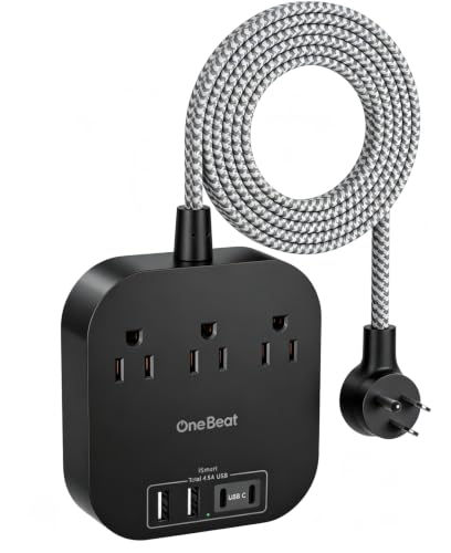 One Beat Power Strip with USB C, 3 Outlets 4 USB Ports, 10ft Braided Extension Cord, 22.5W Desktop Charging Station, Flat Plug, Non Surge Protector, Home Office Travel Cruise, ETL Listed, Black - color: Black, size: 10Ft