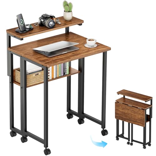 GreenForest Folding Desk with Adjustable Monitor Stand, 24.8 in Small Desk | Storage Shelf, Lockable Wheels, Portable, Space Saving, Mobile Rolling Table for Small Spaces, Home Office, Writing, Walnut - color: Walnut