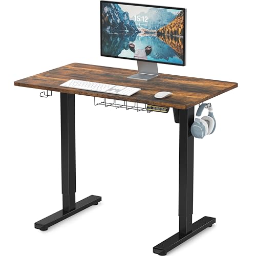 SHW 40 x 22 Inches Electric Height Adjustable Stand Desk, Rustic Brown | with Hanging Hooks and Cable Management, Black Frame and Rustic Brown Top - color: Rustic Brown, size: 40-Inch