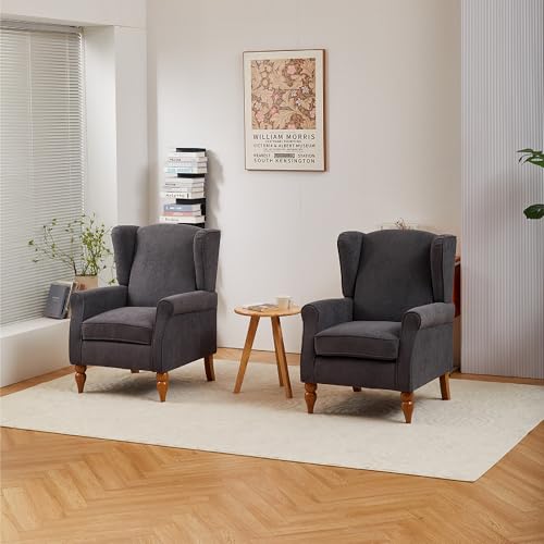 Mid-Century High Wingback Chair Set of 2,Modern Fabric Accent Chair Armchair with Solid Wood Coffee Table Set,Leisure Single Sofa Chair for Living Room,Club,Home Reception,Antique Dark Grey - color: Antique Dark Grey Set of 2
