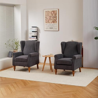 Mid-Century High Wingback Chair Set of 2,Modern Fabric Accent Chair Armchair with Solid Wood Coffee Table Set,Leisure Single Sofa Chair for Living Room,Club,Home Reception,Antique Dark Grey - color: Antique Dark Grey Set of 2