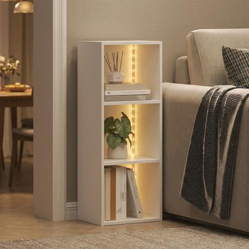 Furinno LUDER Book Shelf with LED Lights, 3-Cube Bookshelf, Bookcase, 9.3 x 12 x 31.5, for Home Office, Living Room, Study Room, White - color: White, size: 3-Cube LED