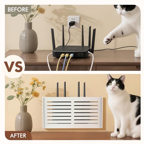 Router Shelf Wall Mount WiFi Router Box Hider Modem Cover with Cable Management Power Strip Organizer Storage Box Multiple Cable Holes (White)
