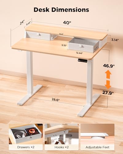 FiCiHi 40x24 Inch Electric Standing Desk, 2 Drawers, Adjustable Height Desk - color: Maple, size: 40"x24" (Standard)