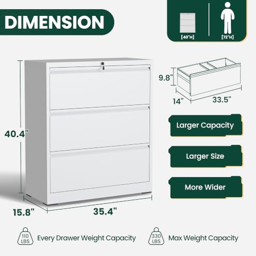3 Drawer Lateral File Cabinet, Metal Filing Cabinet for Home Office, White | Heavy-Duty Steel Locking Large File Cabinet, Hanging Letter/Legal/A4 Size, Full-Extension Silent Drawer, Un-Assembly - color: White, size: 3 Drawers (35.43 in Width)