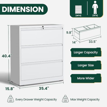 3 Drawer Lateral File Cabinet, Metal Filing Cabinet for Home Office, White | Heavy-Duty Steel Locking Large File Cabinet, Hanging Letter/Legal/A4 Size, Full-Extension Silent Drawer, Un-Assembly - color: White, size: 3 Drawers (35.43 in Width)