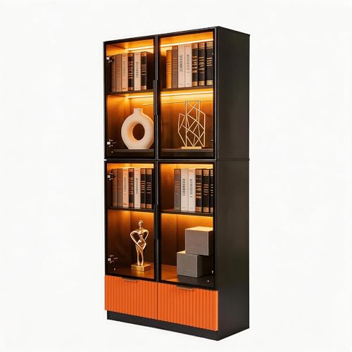 Black Display Cabinet, 67-Inch High Bookcase, Multi-Colored LED Ambient Lighting, 4-Tier Large Storage Space, 2 Large Orange Drawers, Transparent Tempered Glass Door