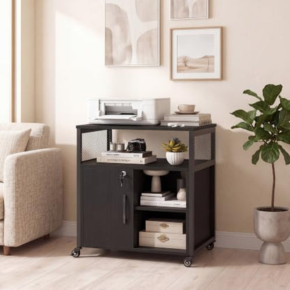Rolling File Cabinet, Printer Stand with Charging Station (Black) | Mobile Lateral Filing Cabinet | Adjustable Shelf & Metal Frame | Lockable Wheels | For Home Office & Small Space - color: Black