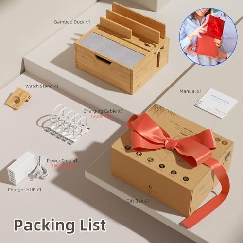 Pezin & Hulin Charging Station Dock with Charger HUB and Cables-Natural | Nightstand Docking Station with Lined Tray & Drawer for Multi Device, Compatible with Tablet, Cell Phones, Watch & Earbuds - color: Natural (With Charger)
