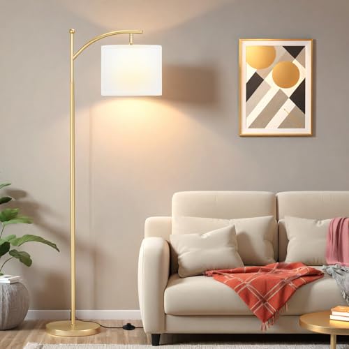 Ambimall 60" Floor Lamp for Living Room with 3 Color Temperatures, Adjustable White Shade with Gold Pole, Tall Lamp for Bedroom Office Classroom Dorm Room, 9W LED Bulb Included - color: White & Gold, size: 60 inches