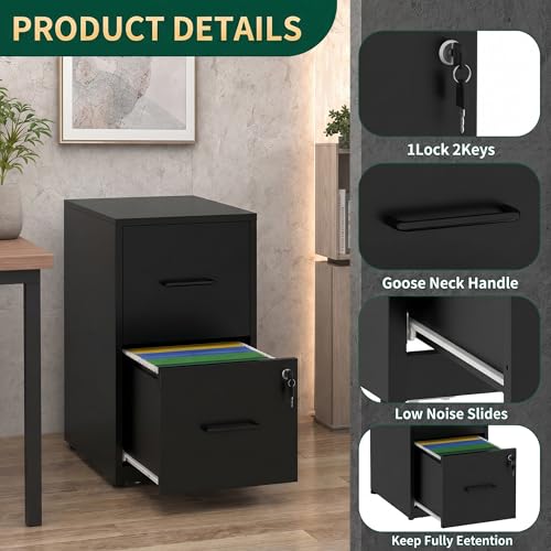 2 Drawer File Cabinet with Lock, 25.6" H Small File Cabinet | Metal Vertical File Cabinet for Home Office, Fits Letter/Legal/A4/F4 Files, Require Assembly, 25.6"H x 17.7"D x 15"W, Black - color: Black, size: 25.6"H - 2 Drawer