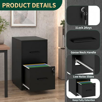 2 Drawer File Cabinet with Lock, 25.6" H Small File Cabinet | Metal Vertical File Cabinet for Home Office, Fits Letter/Legal/A4/F4 Files, Require Assembly, 25.6"H x 17.7"D x 15"W, Black - color: Black, size: 25.6"H - 2 Drawer