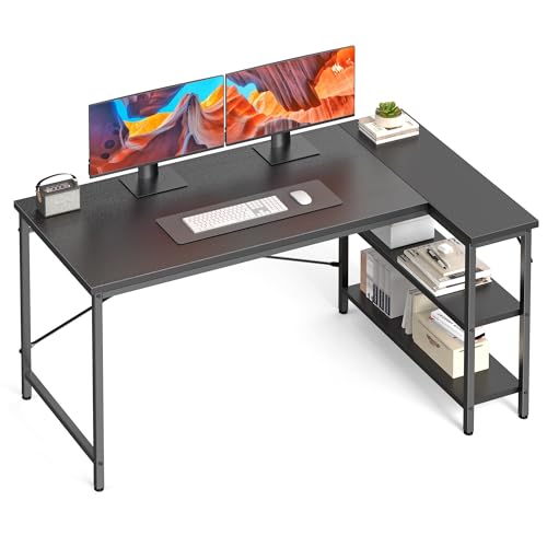 DUMOS L Shaped Computer Desk, 47" Gaming Corner Desks with Shelves | Home Office PC Table, Writing Working Study Desk with Reversible Layout, Bedroom Dorm, Black