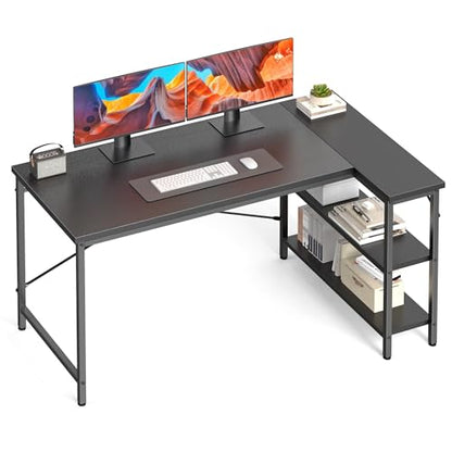 DUMOS L Shaped Computer Desk, 47" Gaming Corner Desks with Shelves | Home Office PC Table, Writing Working Study Desk with Reversible Layout, Bedroom Dorm, Black