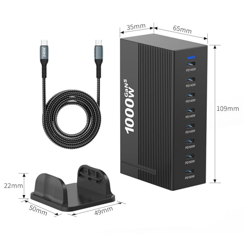 1000W 8-Port GaN5 Desktop Charging Station, High-Power USB Charging Hub with 5X 140W and 3X 100W PD Ports, Fast Charger for Laptops, Tablets, and Smartphones - size: 1000WGaN5