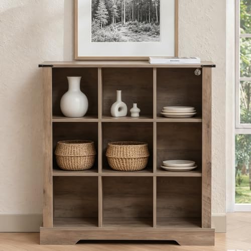 9 Wooden Cube Storage Organizer Shelves, Light up Horizontal Bookshelf, Farmhouse bookcases with led for Living Room - color: Grey, size: 9