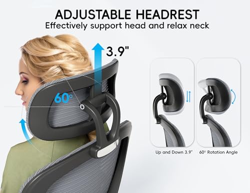 TRALT Office Chair - Ergonomic Desk Chair with Headrest Support for Adults | Home Office Desk Chair with Lumbar Support - Ergonomic Mesh Chairs 330 lb Wide Seat with Lumber Comfy Desk Chair(Black Grey) - color: Black Grey