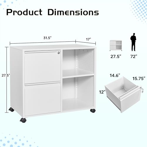 MIIIKO 2 Drawer File Cabinet with Lock, Metal Rolling Printer Stand Filing Cabinets with Drawers for Home Office,A4, Letter Size File Folders(White) - color: White, size: 2 Drawer-31.5"W -Mobile-a