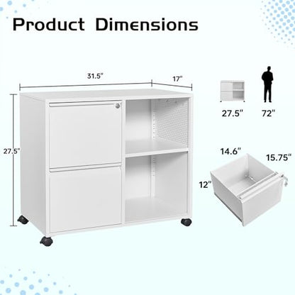 MIIIKO 2 Drawer File Cabinet with Lock, Metal Rolling Printer Stand Filing Cabinets with Drawers for Home Office,A4, Letter Size File Folders(White) - color: White, size: 2 Drawer-31.5"W -Mobile-a