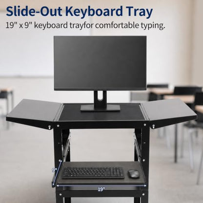 Mobile AV Cart with Power Outlet Adjustable Computer Workstation | Steel Rolling Media Utility Cart with Fold Side Shelves,Pullout Keyboard Tray,Locking Casters for Office Classroom Home - size: 24x18x41.75in