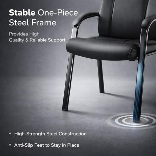 Waiting Room Chair, PU Leather Sled Base, Black | Office reception, conference rooms, clinics, padded armrests, metal frame, no wheel, high-density cushion, ergonomic backrest - color: Black, size: set of 1