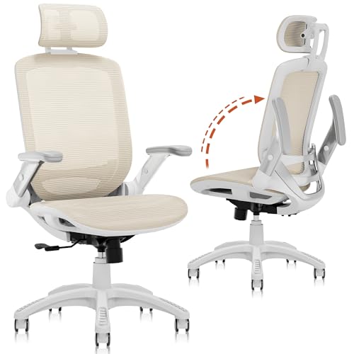 GABRYLLY Ergonomic Office Chair, High Back Home Desk Chair with Headrest, Flip-Up Arms, 90-120° Tilt Lock and Wide Cushion, 300LBS Mesh Chairs for Man Woman, White Task Chair(Beige,GY01WBG) - color: White Frame Beige Mesh