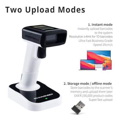 ScanAvenger Wireless Portable 1D with Stand Bluetooth Barcode Scanner: Hand Scanner 3-in-1, Cordless, Rechargeable Scan Gun for Inventory (1D&2D with LCD Display and Upgraded Next Gen Stand) - style: 1D&2D with LCD Display and Upgraded Next Gen Stand