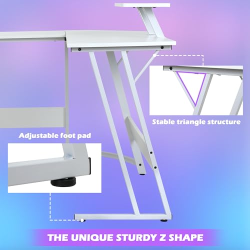 Gaming Desk L Shaped Desk, 50.4” Large Desk Computer Desk with Shelves & Carbon Fiber Desktop, Wood Desk Table Computer Table Writing Desk Work Desk pc desk for Bedroom Office Dorm Small Space, White - color: White