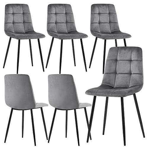 Homedot Grey Velvet Chair Set of 6,Mid-Century Modern Dining Chair Upholstered Living Chair Tufted Reception Chair with Solid Black Metal Legs for Bedroom,Dining Room,Kitchen - color: Grey, size: 6*Chair