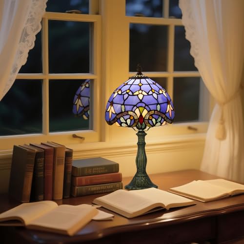 8 Inch Small Tiffany Style Table Lamp with Remote Control, Blue Baroque - color: Blue Baroque