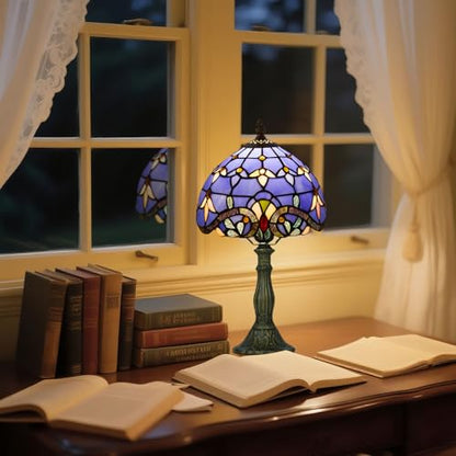 8 Inch Small Tiffany Style Table Lamp with Remote Control, Blue Baroque - color: Blue Baroque